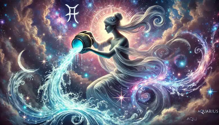 Женска фигура, изливаща вода от делва сред космически фон и облаци – символ на зодия Водолей.