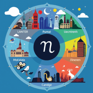 Илюстрация на кръг, в който са изобразени миниатюрни сгради на различни градове, обкръжени от звезди и астрологически символи, символизираща връзката между астрологията и душата на града.