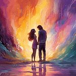 седми дом в астрологията визуализира тук Мъж и жена се държат за ръце и се гледат влюбено, заобиколени от красив цветен фон