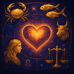 Зодиакален кръг с Рак, Риби, Телец, Дева и Везни около светещо сърце