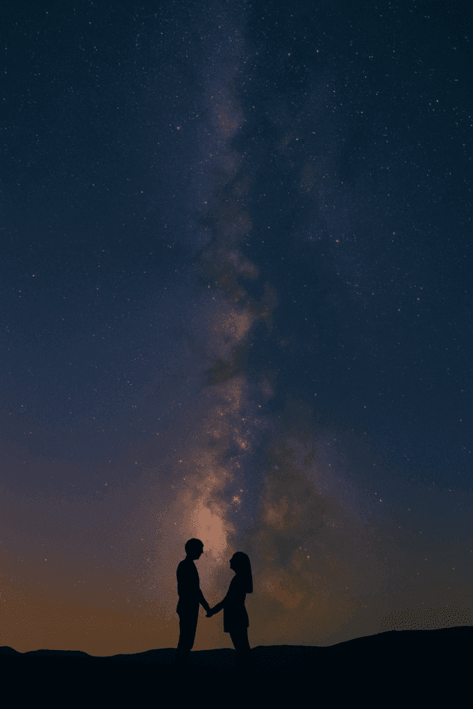 Двойка силуети под яркия Млечен път и звезди – символ на кармична връзка и сродни души от минали животи