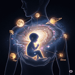 Астрологично изображение, показващо силует на дете в гърдите на възрастен, заобиколено от символи на Луната, Сатурн, Плутон и Хирон, свързани с натална карта за изцеление на вътрешното дете, но чрез астрологията .