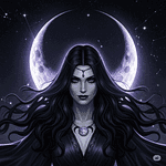Астрологична илюстрация на Черната Луна Лилит, изобразена като мистериозна жена на фона на звездно небе.