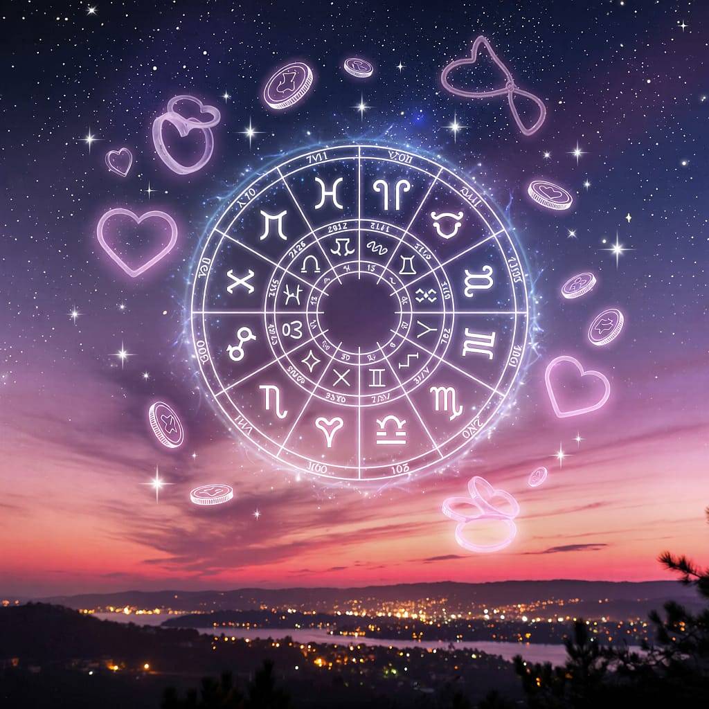 зодиакално колело със светещи сърца и монети над нощен град