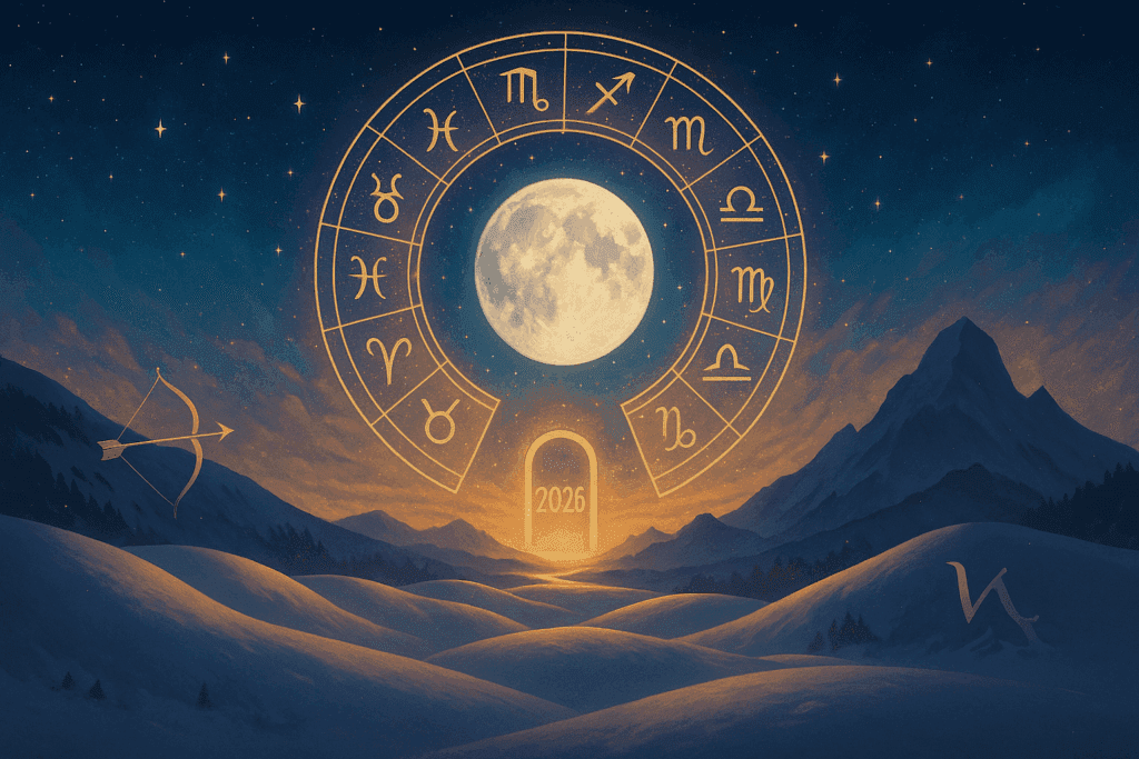 Зимно нощно небе с ярка пълна Луна в Близнаци, светещ зодиакален кръг и символи на Стрелец и Козирог над снежни хълмове – визуализация за астрологична прогноза 2025