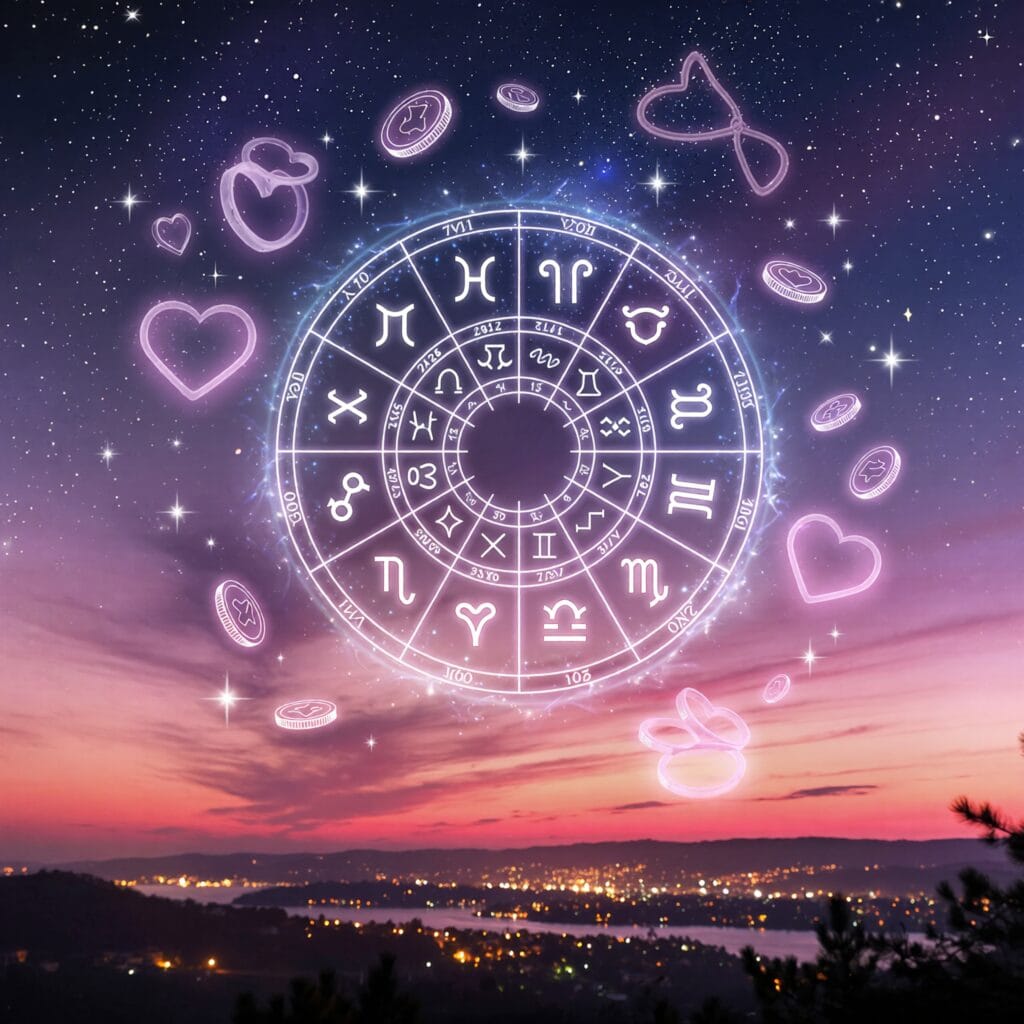 любовен хороскоп 2026 – зодиакално колело със светещи сърца и монети над нощен град.