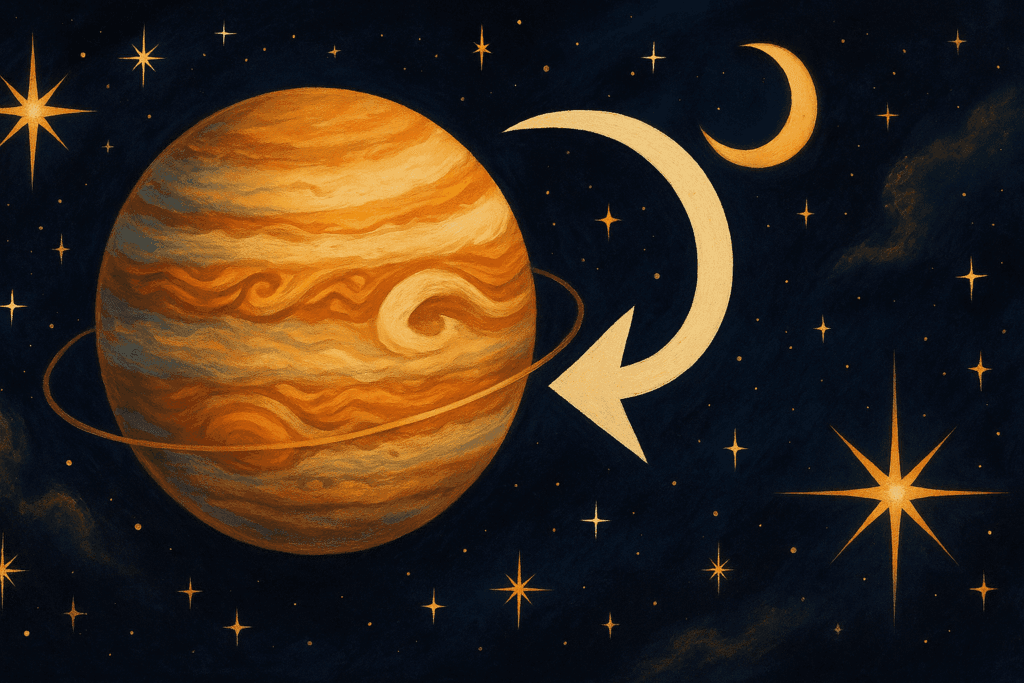 Илюстрация на ретрограден Юпитер в астрологията над звездно небе, символ на вътрешен растеж и духовни уроци