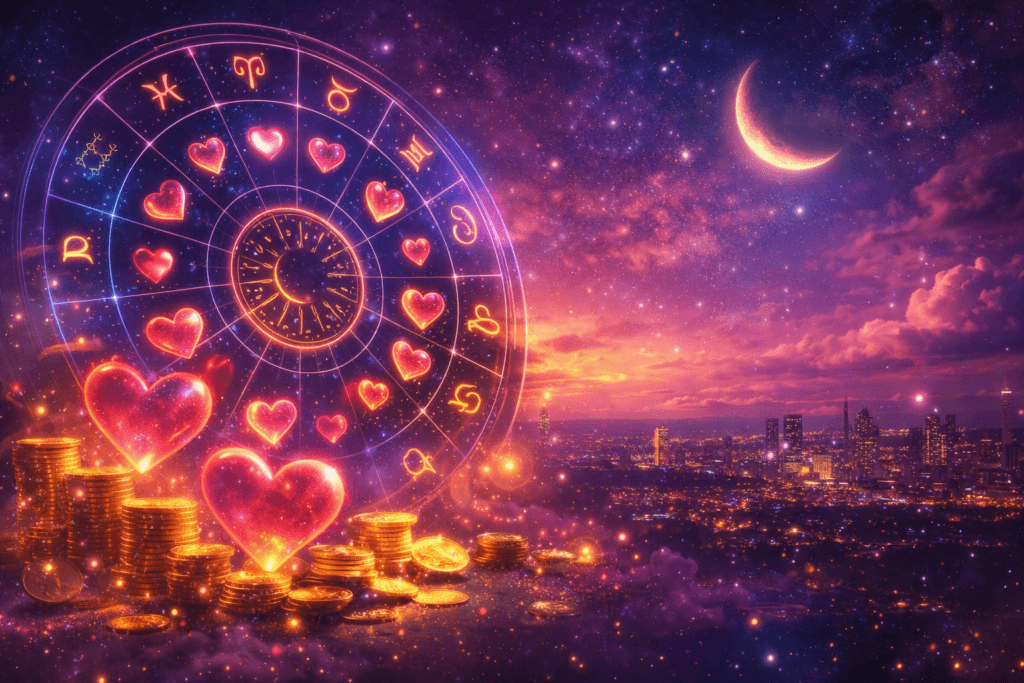 Love horoscope 2026 – glowing zodiac wheel with hearts and golden coins under a romantic night sky