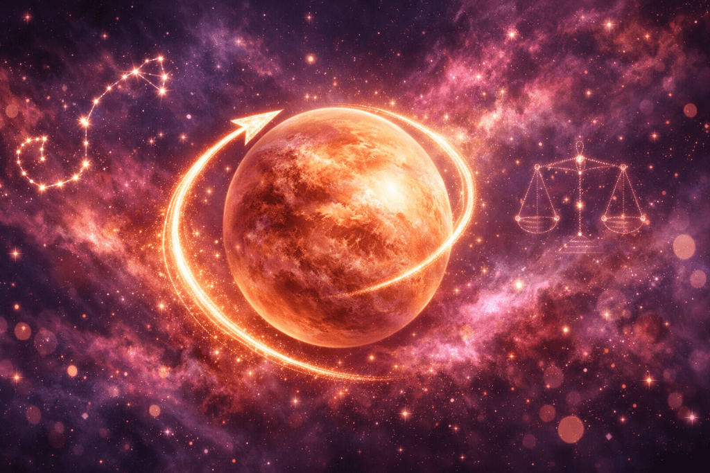 Ретроградна Венера 2026 – планетата Венера в космоса със символ на ретроградно движение, енергия Скорпион и Везни