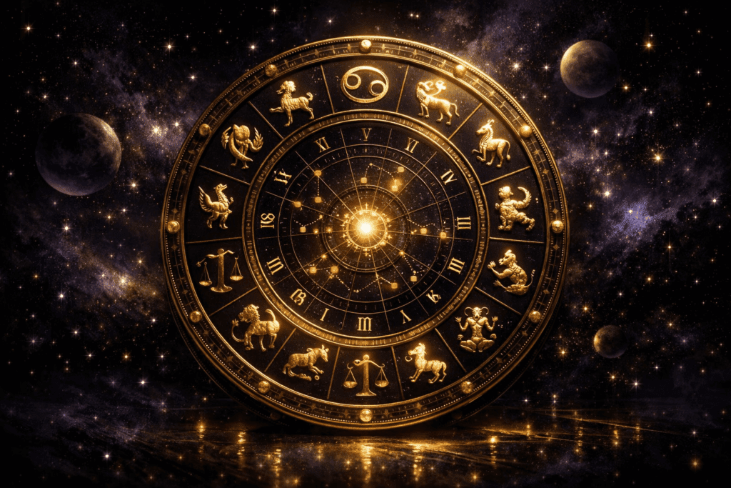 хороскоп и натална карта с астрологично колело и зодиакални символи в мистичен космически фон