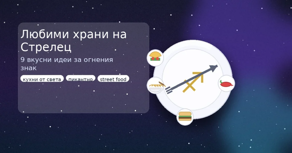 Любими храни на зодия Стрелец – чиния със символ ♐ и икони за кухни от света, пикантно и street food