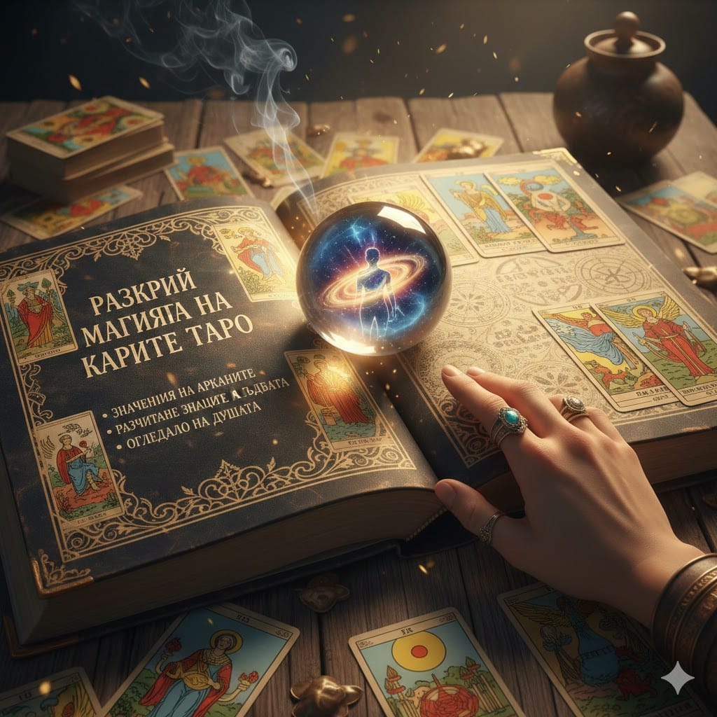 Карти Таро разпръснати на маса със свещи и кристали – пътеводител в магията на таро.