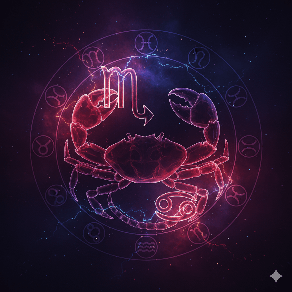 Илюстрация на най-отмъстителните зодии Скорпион и Рак в драматична светлина