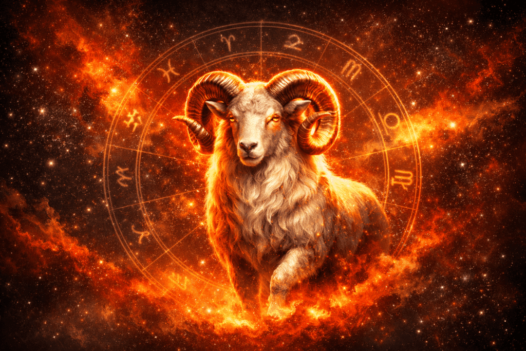 Съвместимост на зодия Овен с другите зодии – сияен овен и зодиакално колело на звезден фон