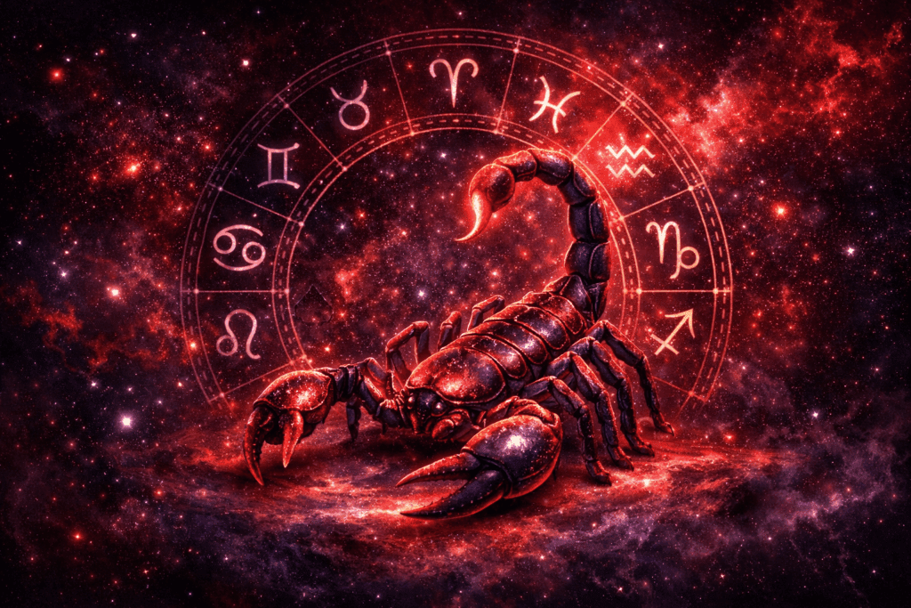 Съвместимост на зодия Скорпион с другите зодии – сияен скорпион и зодиакално колело на звезден фон