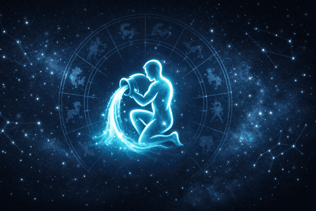 Съвместимост на зодия Водолей с другите зодии – сияен водонос и зодиакално колело на звезден фон