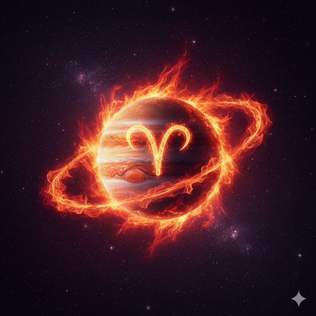 Планетата Юпитер в Овен, символизираща бърз късмет, смелост и нови инициативи в астрологията.