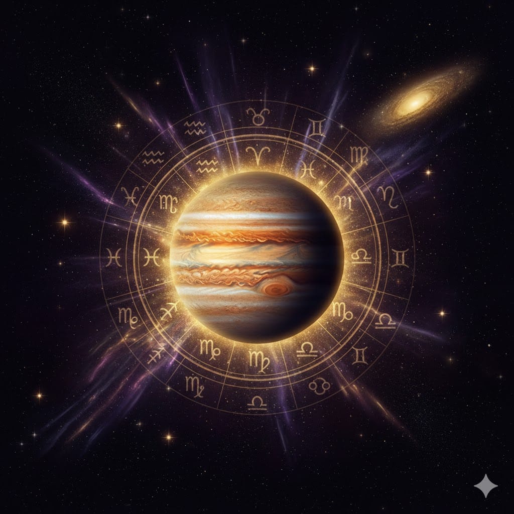 Планетата Юпитер в знаците, символизираща късмета, растежа и финансовото изобилие в астрологията.