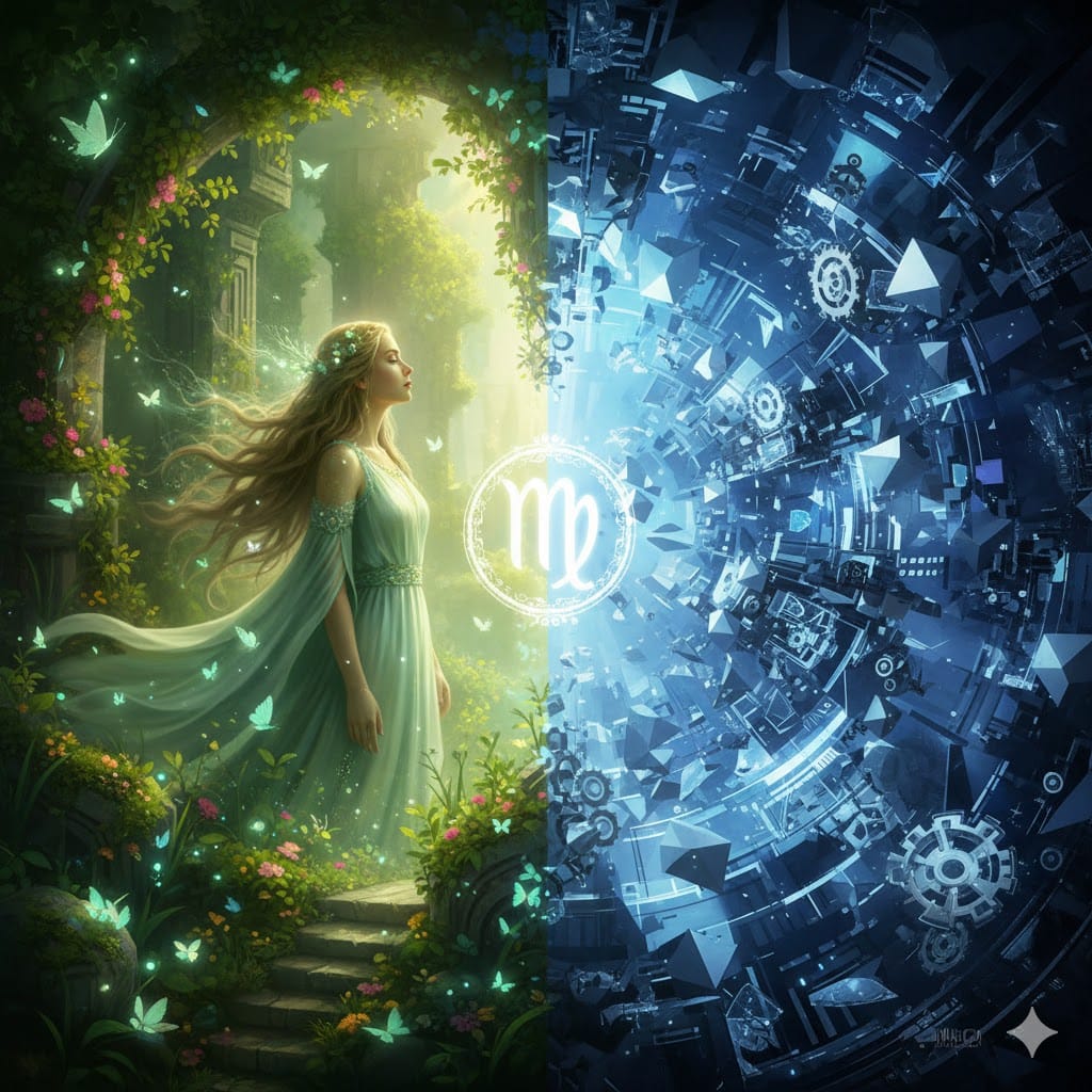 Енергията на Дева – визуален баланс между природния лечител и механичния свят на анализа.