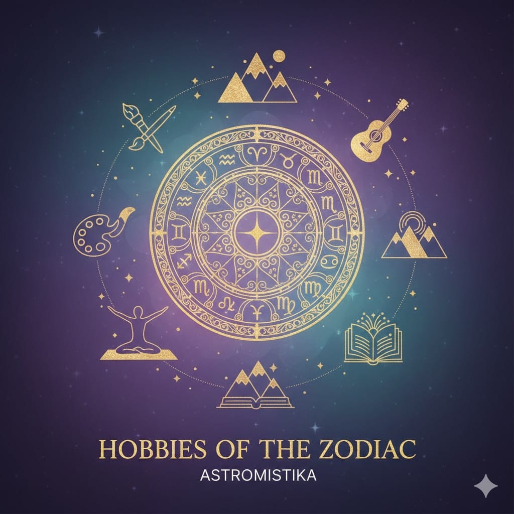 Хоби на зодиите – илюстрация на зодиакален кръг и различни творчески и спортни занимания
