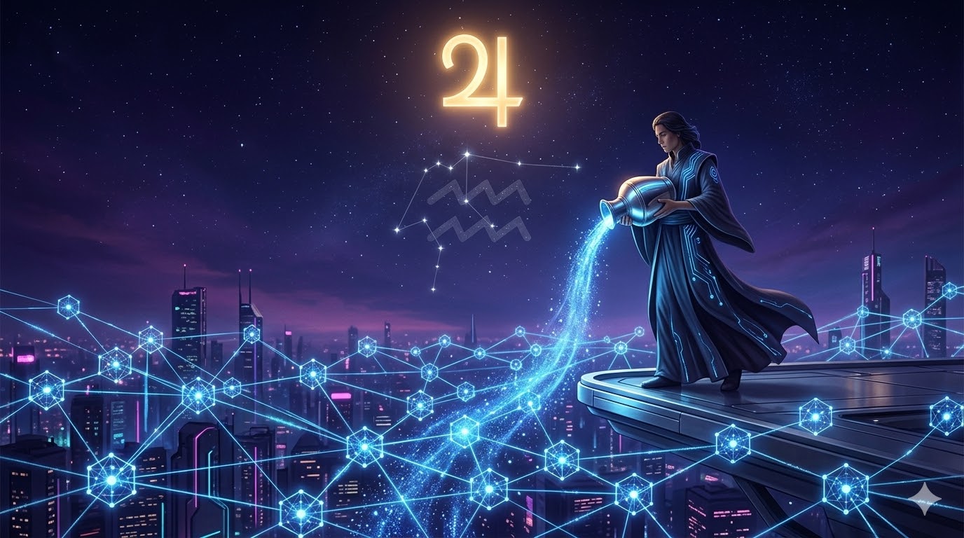 Юпитер във Водолей – късмет чрез иновации, общности и свобода (символ ♃ и ♒).